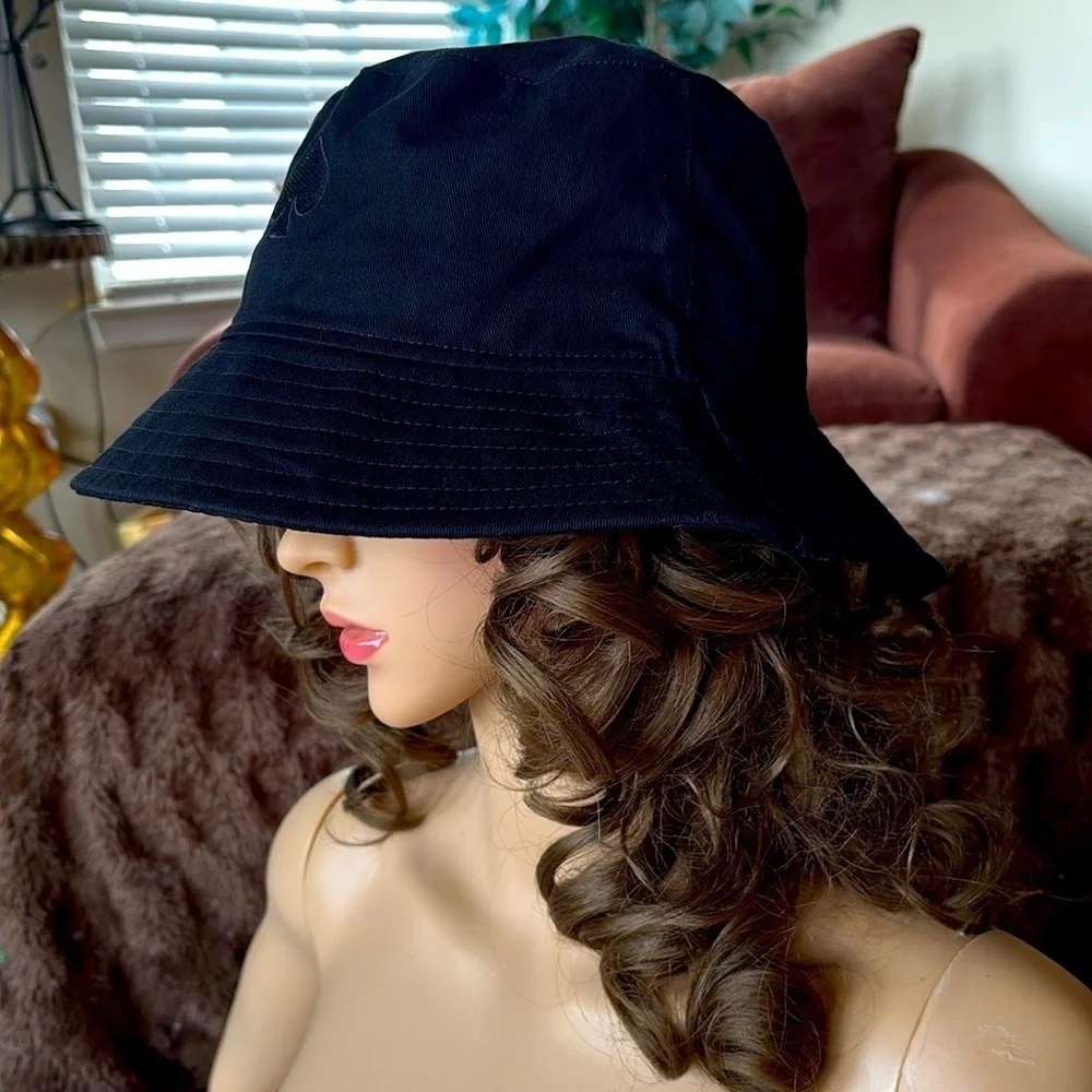 Brand New Kate Spade Black Logo Bucket Hat Pink Lining Classic Preppy